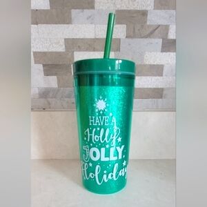Christmas Sparkle Drink Tumbler Cup with Lid and Straw,  Green